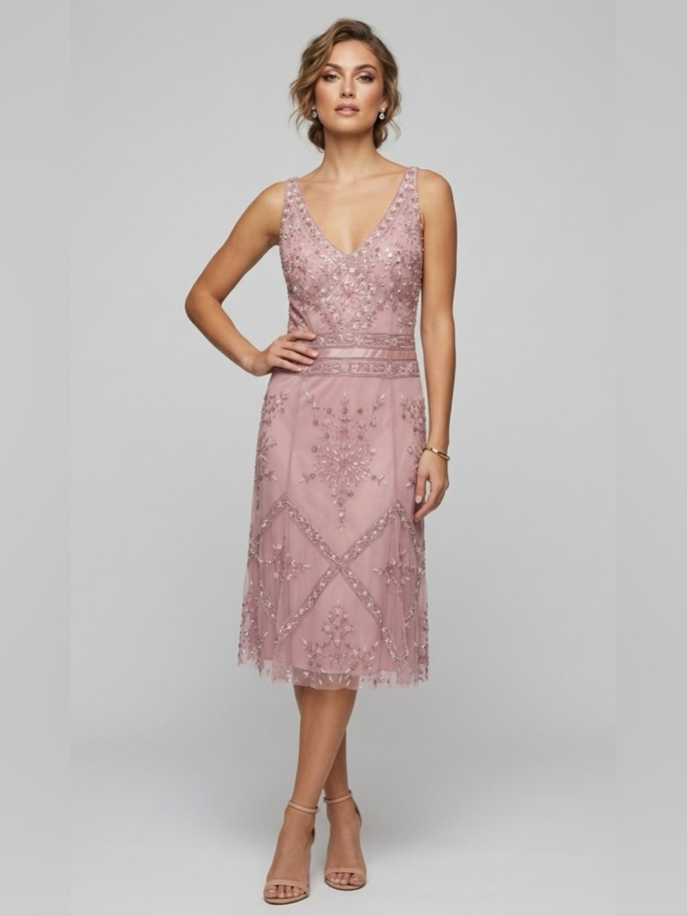 Reem Acra Dress Sequined Beaded Silk Tulle Vintage Romantic Pink Size Small